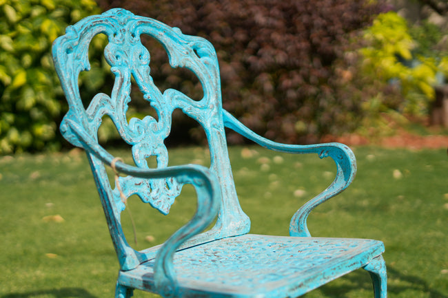 Vintage Cast Iron Garden Chair | Distressed Blue Outdoor Chair