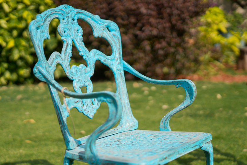 Vintage Cast Iron Garden Chair | Distressed Blue Outdoor Chair