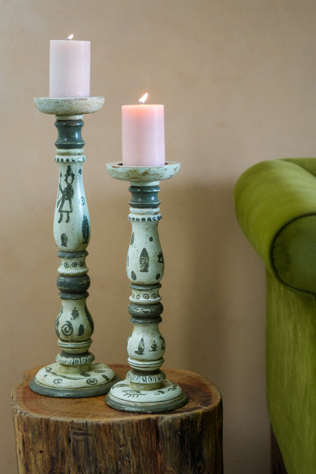 Sage Tribal Art Vintage Candle Stand Set